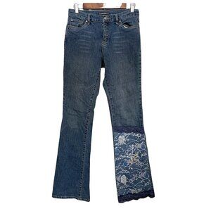 Kate Landry Women's Blue Floral Lace Embellished Y2K Boot Cut Jeans Size 8